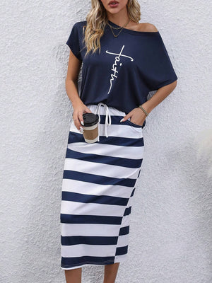 Essnce Letter Graphic Batwing Sleeve Tee & Striped Drawstring Waist Skirt