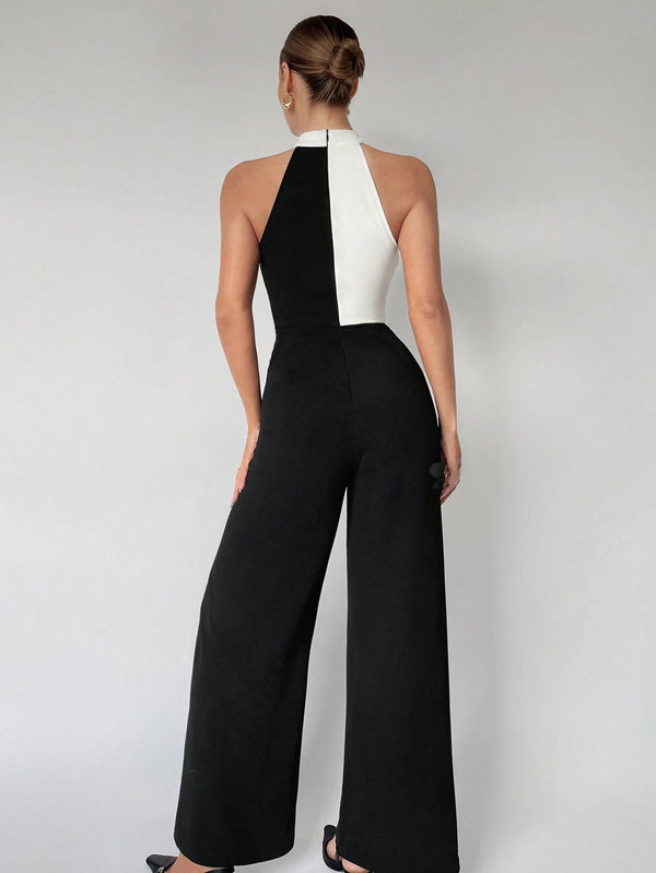 Maija Women's Color Block Asymmetrical Halter Jumpsuit (Black and White)