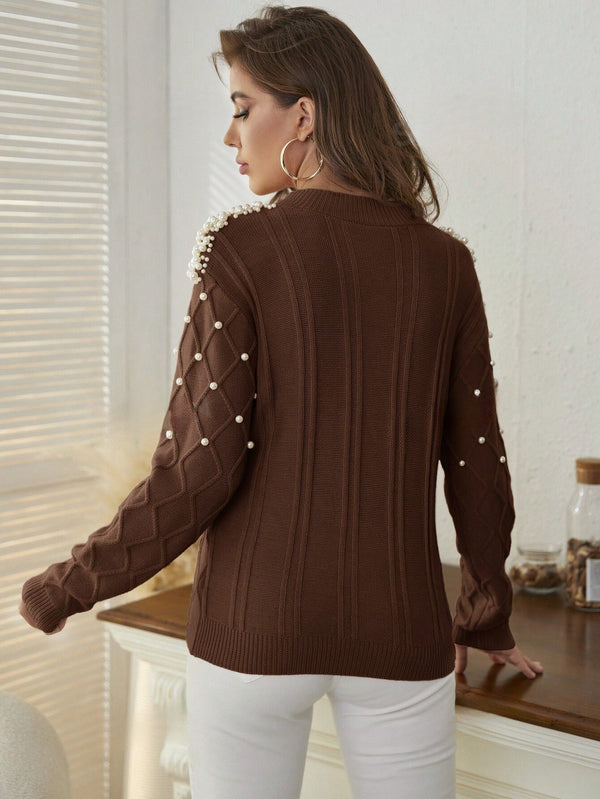 Mulvari Solid Color Sweater With Faux Pearls Decoration (Coffee Brown)