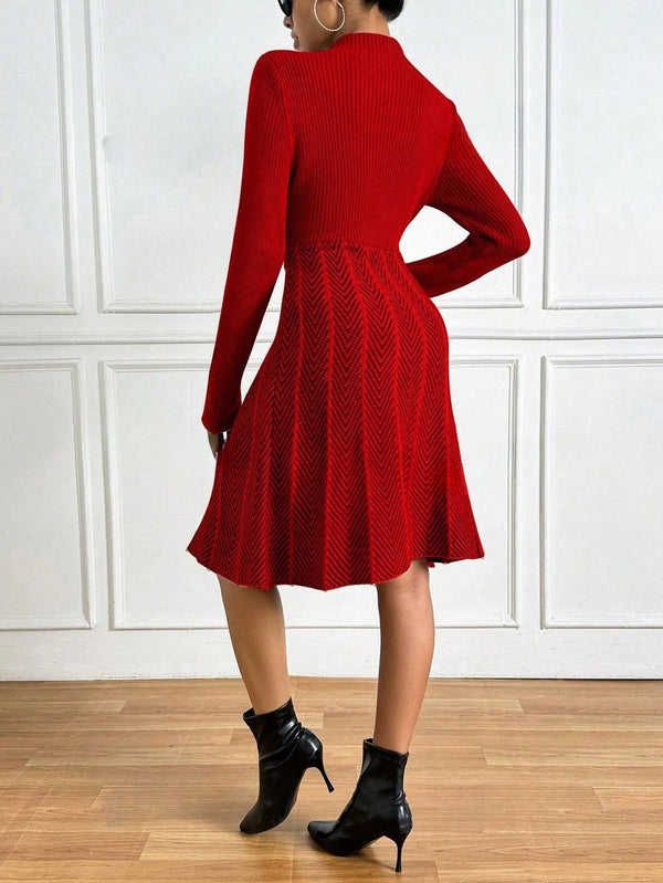 Privé Colorblock Herringbone Pattern Stand Collar Ribbed Knit Sweater Dress (Red)