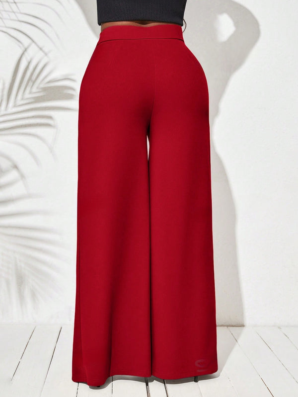 Women High Waist Wide Leg Pants With Double Side Split Hem (Red)