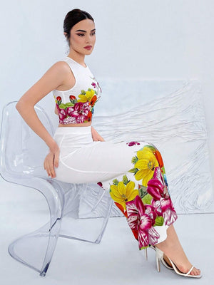 Aloruh 2pcs Women's Floral Printed Crop Top And Mermaid Skirt Set