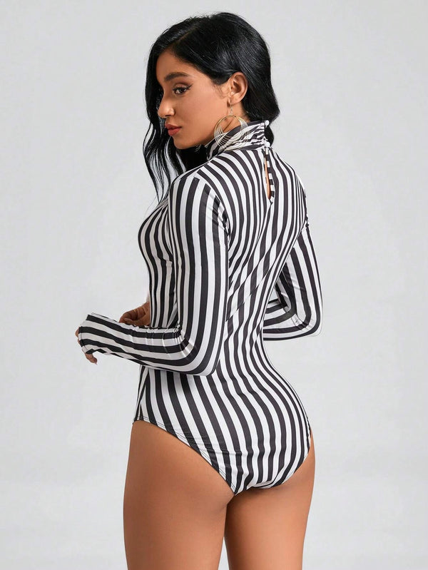 Clasi Striped Print Mock Neck Slim Fit Bodysuit (Black and White)