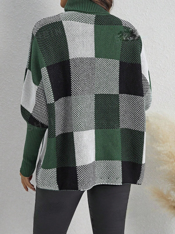 EMERY ROSE Women's Turtleneck Plaid Batwing Sleeve Sweater (Green)