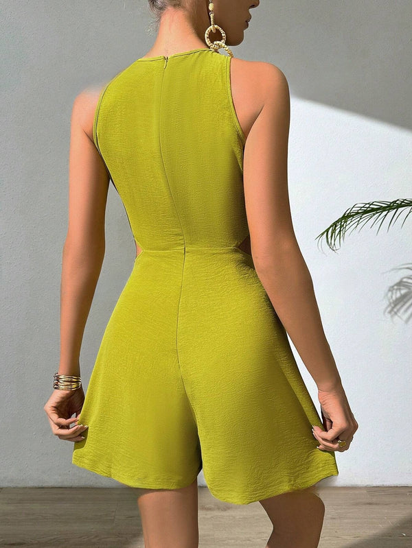 Frenchy Halter Neck Hollow Out Pleated Texture Romper (Green)