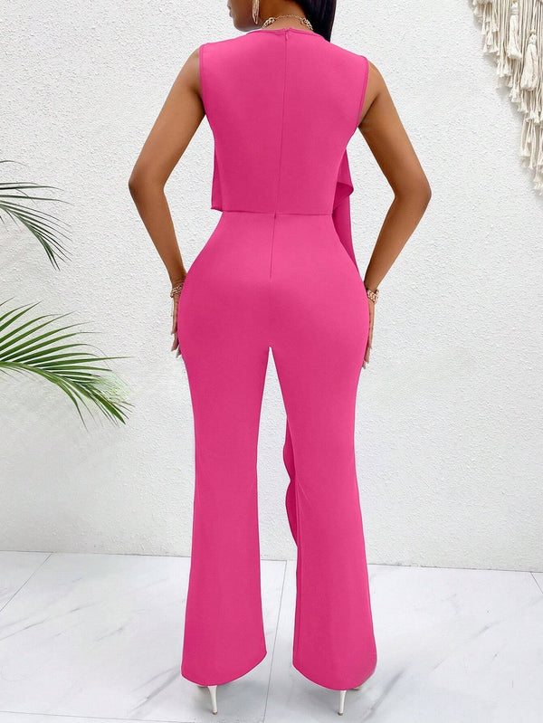  2 In 1 Jumpsuit With Irregular Ruffled Edges, Sleeveless Vest and Straight Leg (Hot Pink)