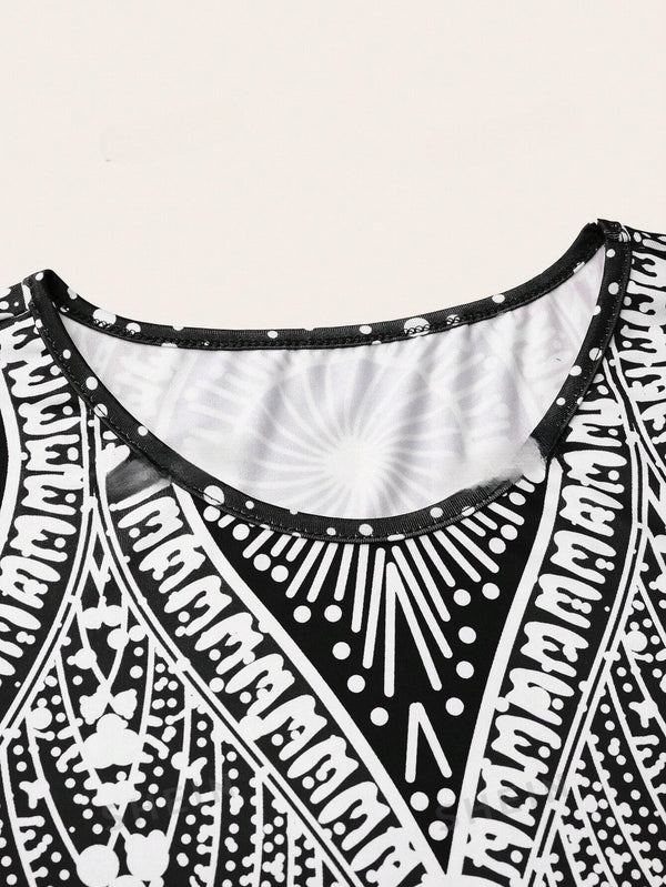 Polka Dot Printed V-Neck Long Sleeve Maxi Dress (Black and White)