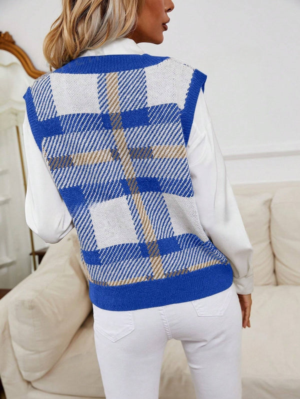 Frenchy Plaid Pattern Sweater Vest (Blue-2)