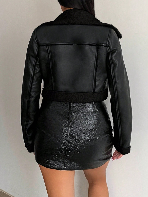 SXY Women's Fleece Short Motorcycle Jacket (Black-2)