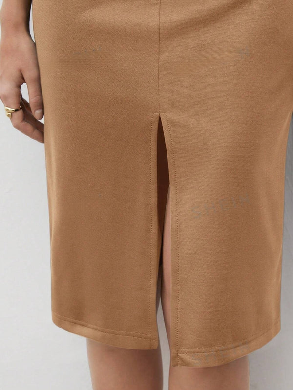 BIZwear Ladies' Solid Color Split Dress (Khaki)