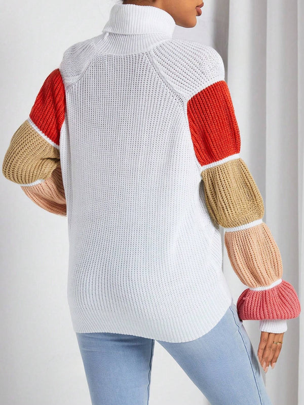 Women'S Turtleneck Color-Block Raglan Sleeve Sweater (Multicolor)