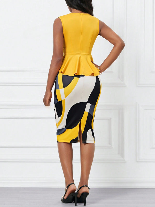 Lady 2pcs Sleeveless Waist Cinched Top And Printed Bodycon Skirt Set