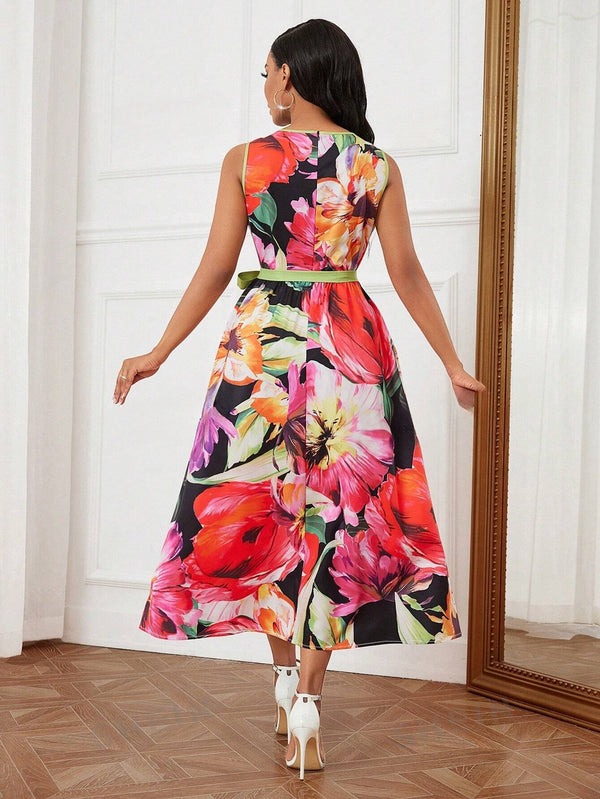 Floral Print Sleeveless Round Neck Midi Dress (Multicolor)