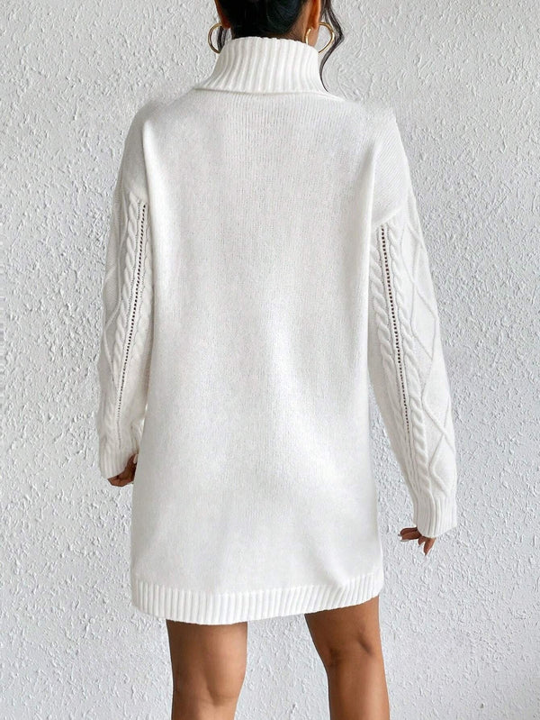 Turtleneck Dual Pocket Cable Knit Drop Shoulder Sweater Dress (White)