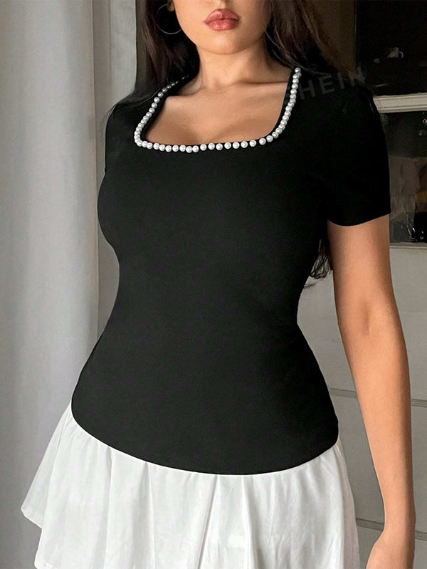 Privé Elegant And Chic Spring And Summer Solid Color Square Neck Pearl Decorated Black T-Shirt