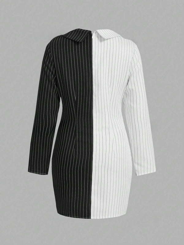 Privé Color-Block Striped Lapel Collar Dress