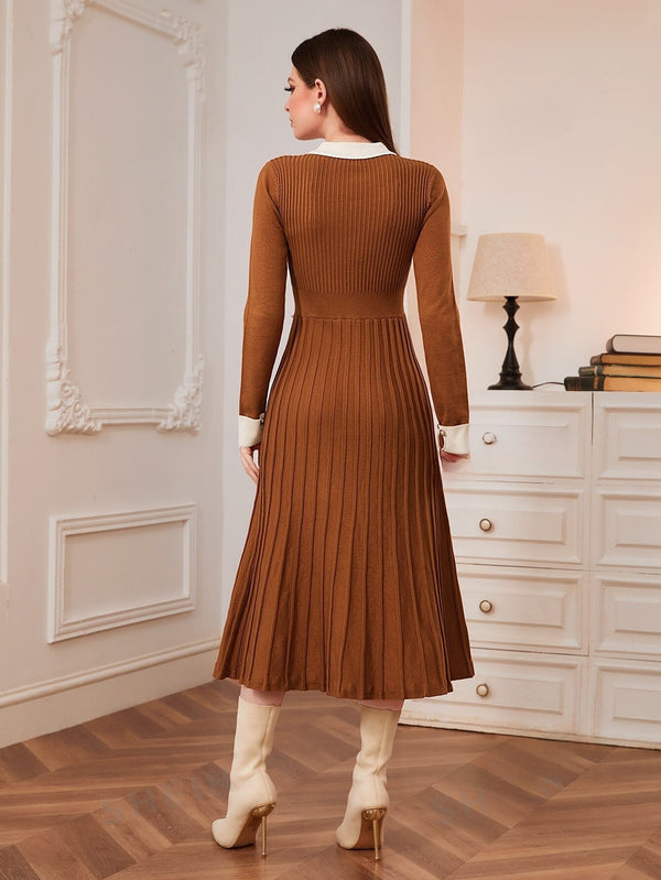 Modely Contrast Collar Pleated Sweater Dress (Coffee Brown)