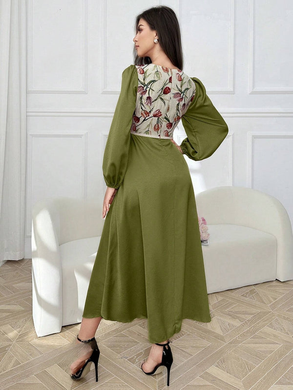Elegant Dress With Flower Patterns, Square Neck, And Lantern Sleeves (Green)
