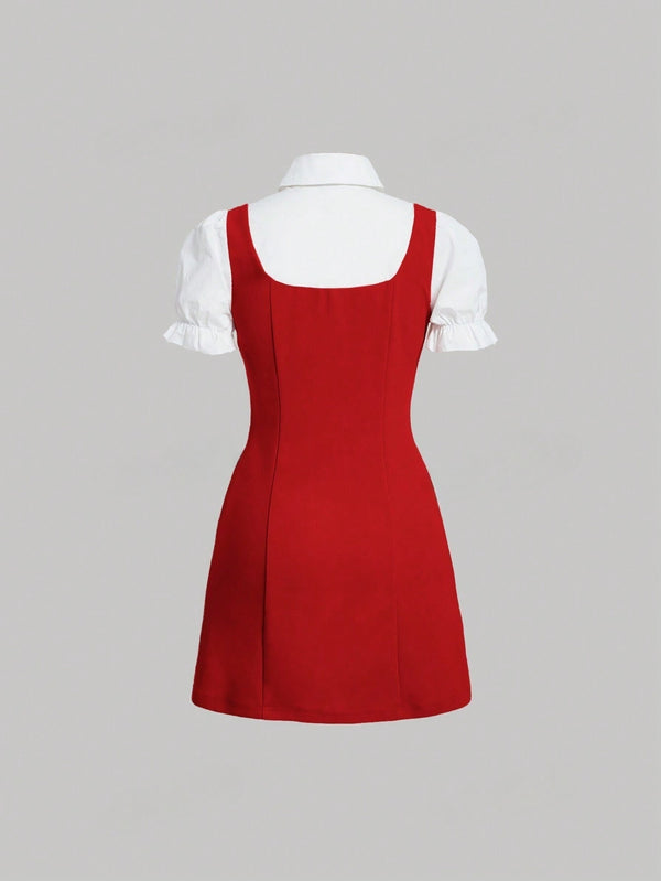 MOD Women's Double Breasted 2 In 1 Short Sleeve Dress (Red)