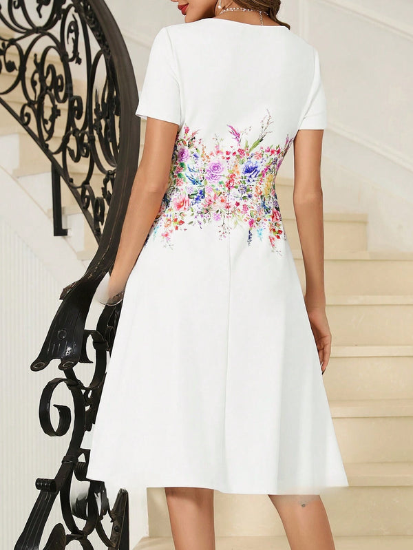 Clasi Floral Print Asymmetrical Ruffle Hem V-Neck  Summer  Skirt  Dress