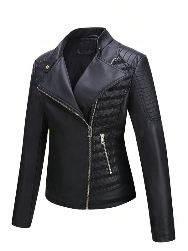 Women Faux Leather Casual Jacket Fall And Spring Fashion Motorcycle Bike Coat