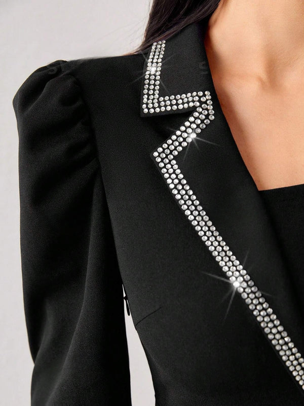 Modely Two Tone Rhinestone Detail Puff Sleeve Pleated Hem Dress Without Belt (Black and White)