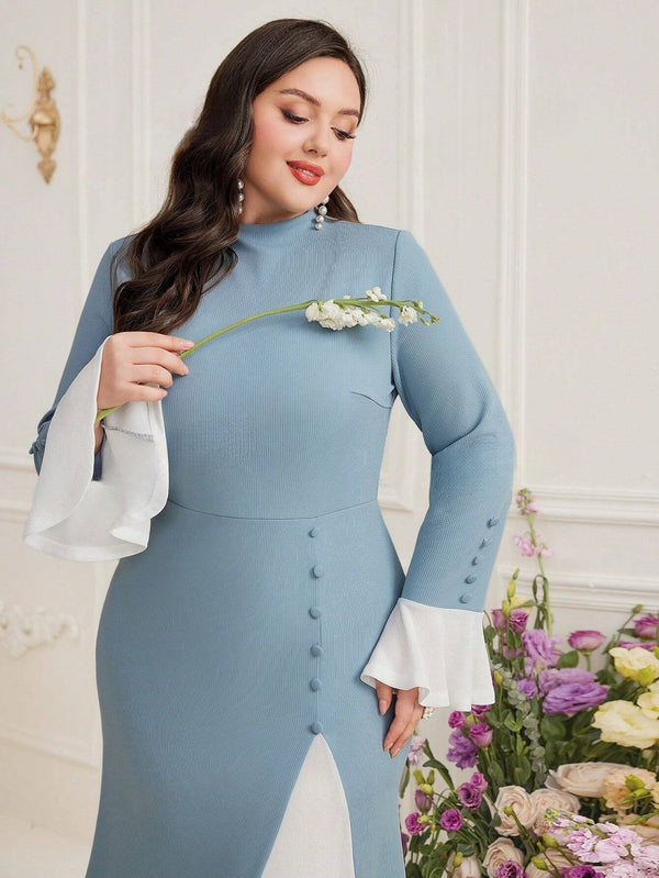 Modely Plus Size Women's Stand Collar Flared Sleeve Arabic Style Dress