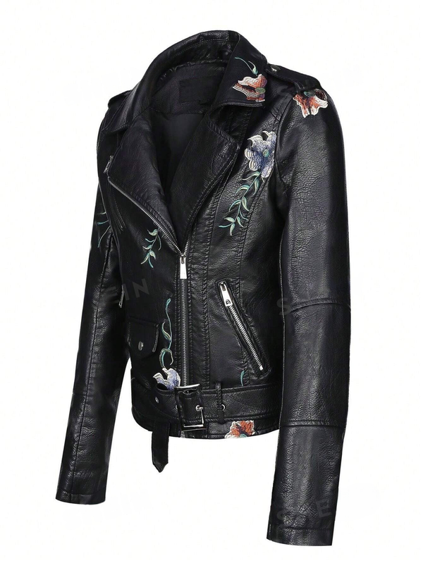 Floral Embroidery Zip Up PU Moto Jacket