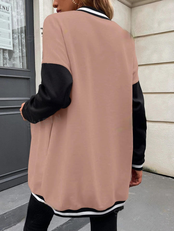 EZwear Letter Patched Colorblock Drop Shoulder Varsity Jacket (Dusty Pink)