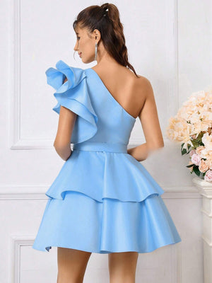 Belle Elegant Blue One Shoulder Ruffle Belt Diamond Button Dress