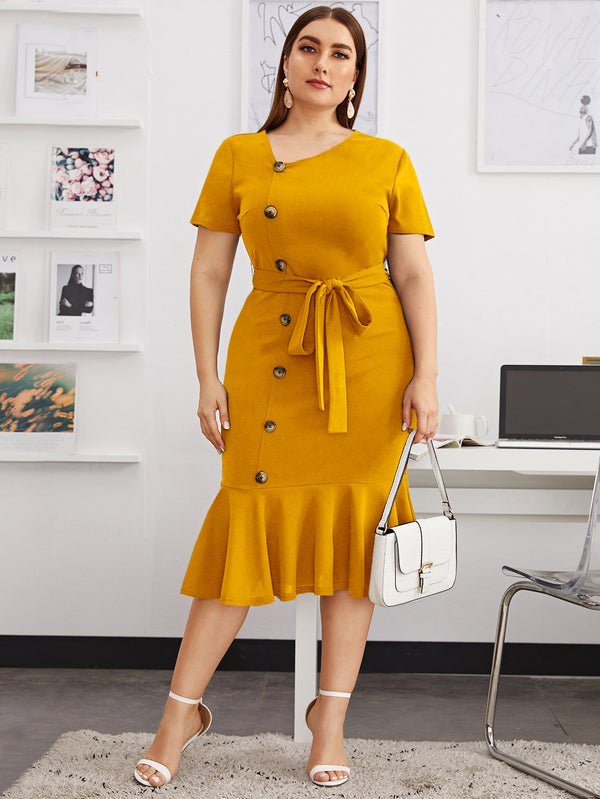 Modely Plus Button Front Mermaid Hem Belted Dress (Mustard Yellow)