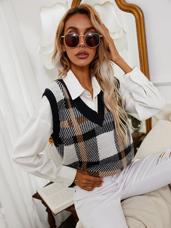 Frenchy Plaid Pattern Sweater Vest (Multicolor)