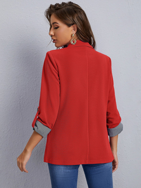 LUNE Notched Collar Roll Tab Sleeve Blazer (Red)