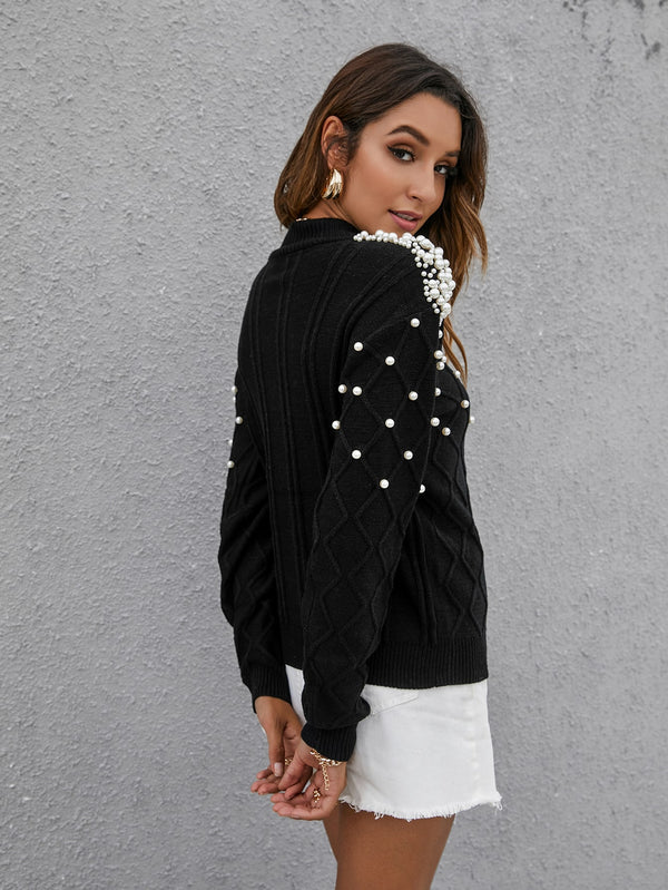 Mulvari Solid Color Sweater With Faux Pearls Decoration (Black)