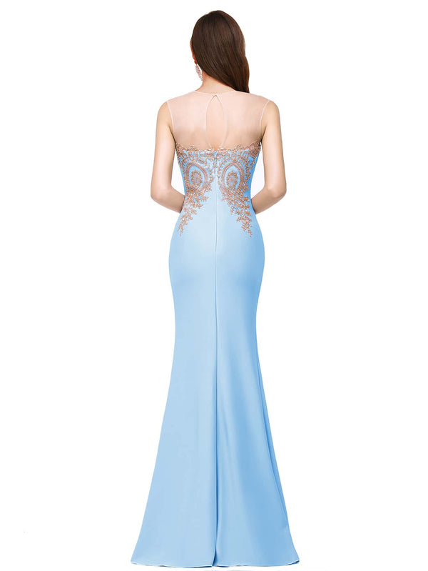 Flower Embroidered Cut Out Back Mermaid Hem Dress (Baby Blue)