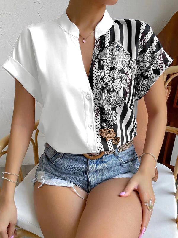 Striped & Floral Print Batwing Sleeve Button Front Shirt (White)