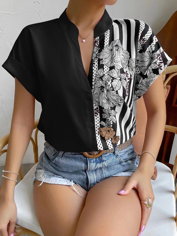Striped & Floral Print Batwing Sleeve Button Front Shirt (Black and White)