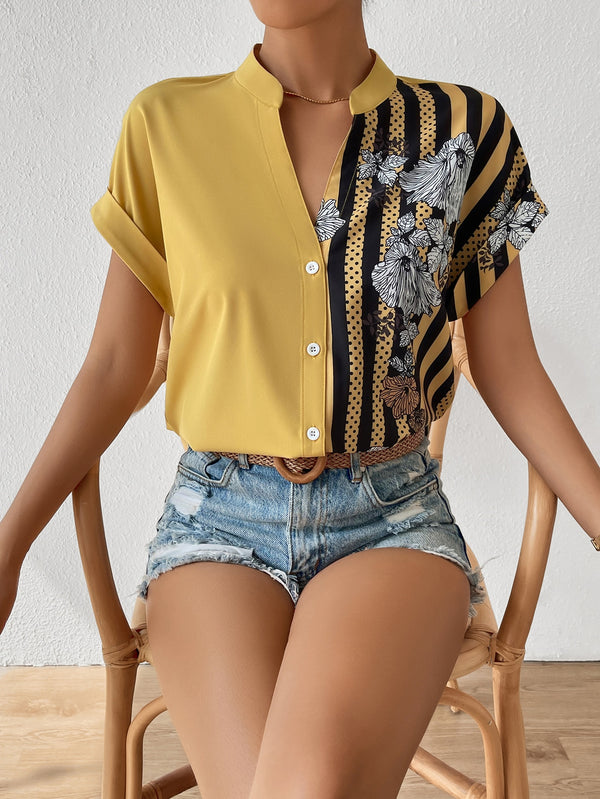 Striped & Floral Print Batwing Sleeve Button Front Shirt (Yellow)