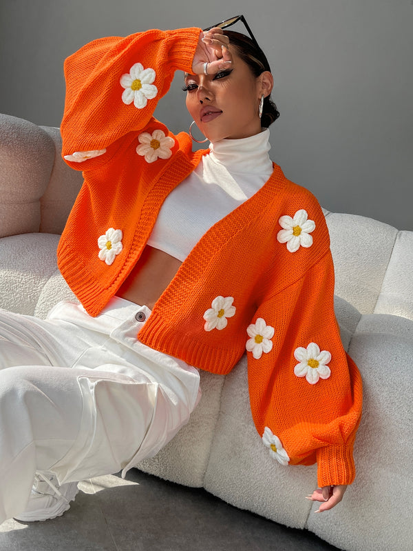 EZwear Floral Applique Bishop Sleeve Cardigan (Orange)