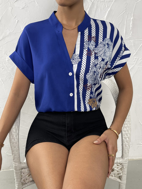 Striped & Floral Print Batwing Sleeve Button Front Shirt (Blue and White)