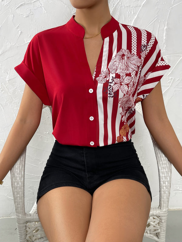 Striped & Floral Print Batwing Sleeve Button Front Shirt (Red and White)