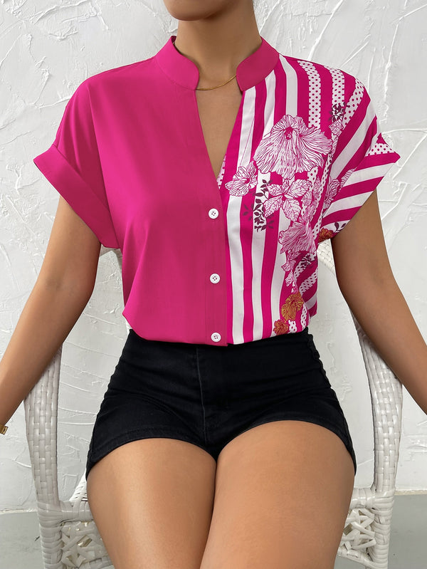 Striped & Floral Print Batwing Sleeve Button Front Shirt (Hot Pink)