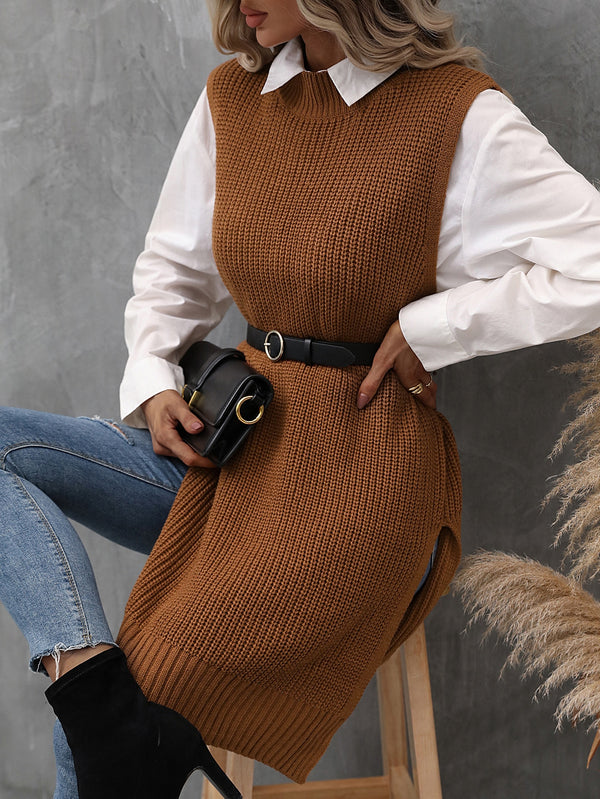 LUNE Women's Side Split Knitted Sweater Vest (Brown)