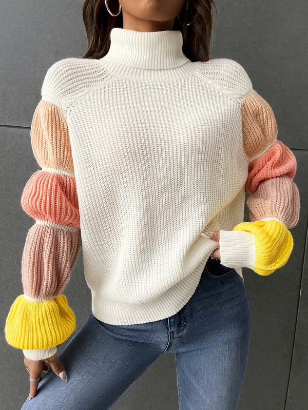 Women'S Turtleneck Color-Block Raglan Sleeve Sweater (White)