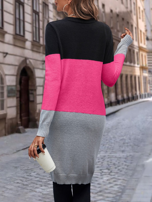 LUNE Color Block Dual Pocket Button Front Cardigan (Hot Pink)