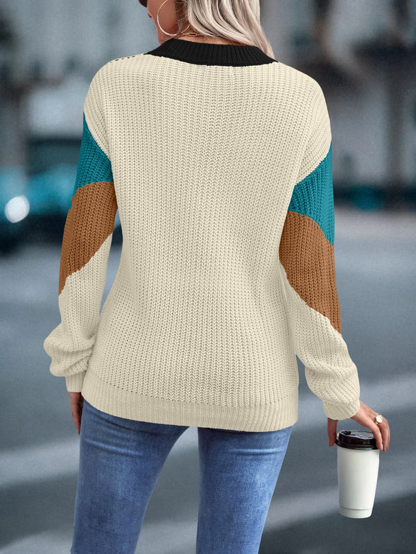 Color Block Chevron Pattern Drop Shoulder Sweater (Cadet Blue)