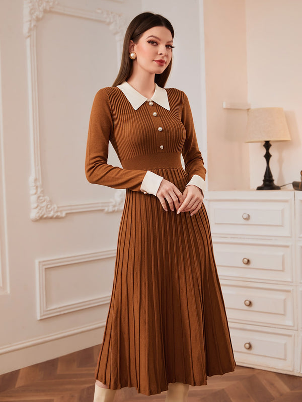 Modely Contrast Collar Pleated Sweater Dress (Coffee Brown)