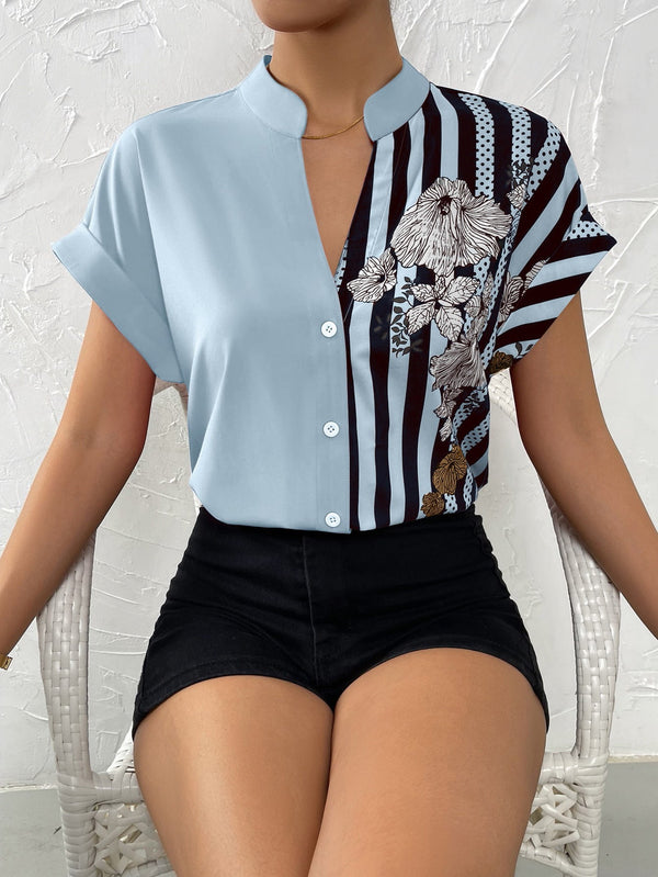 Striped & Floral Print Batwing Sleeve Button Front Shirt (Baby Blue)