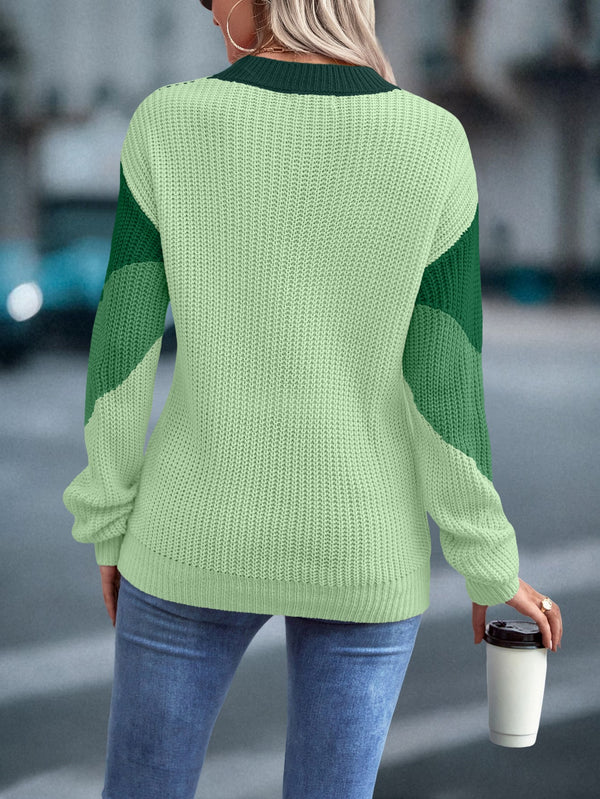 Color Block Chevron Pattern Drop Shoulder Sweater (Green)