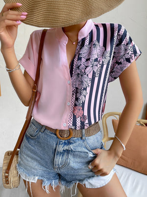 Striped & Floral Print Batwing Sleeve Button Front Shirt (Pink)